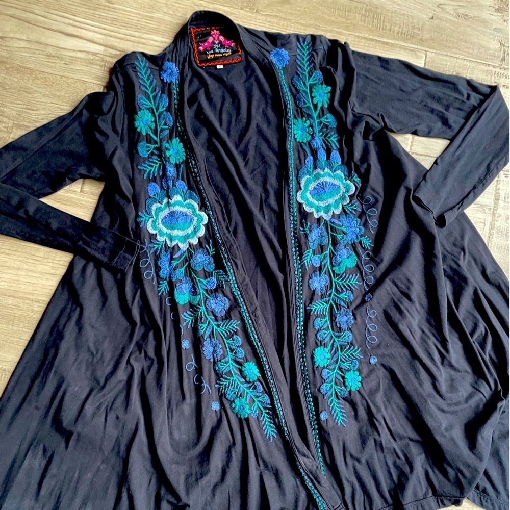 Johnny Was Open Front Jacket Cotton Embroidered Long Sleeve Black/Blue SZ S